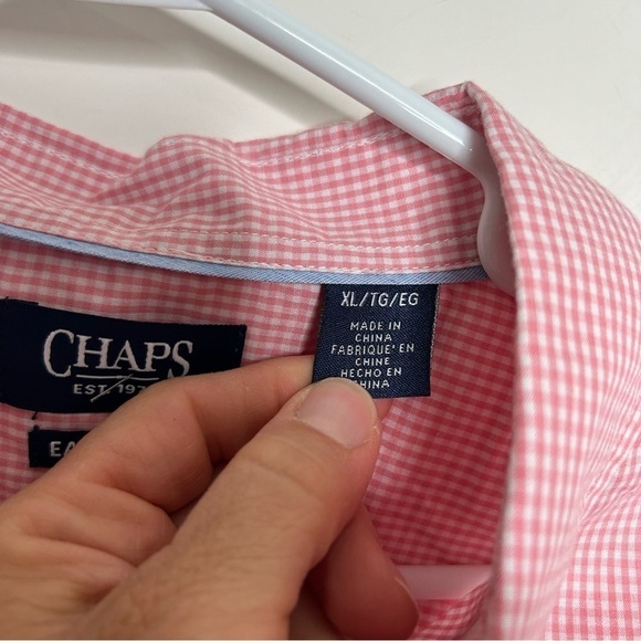 New Chaps Men’s Easy Care Button Down Plaid Shirt Long Pink White XL BNWT - Picture 3 of 5